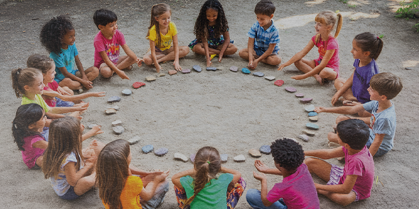 A imagem mostra uma roda com crianças durante uma atividade lúdica para remeter à educação infantil e CMDCA.